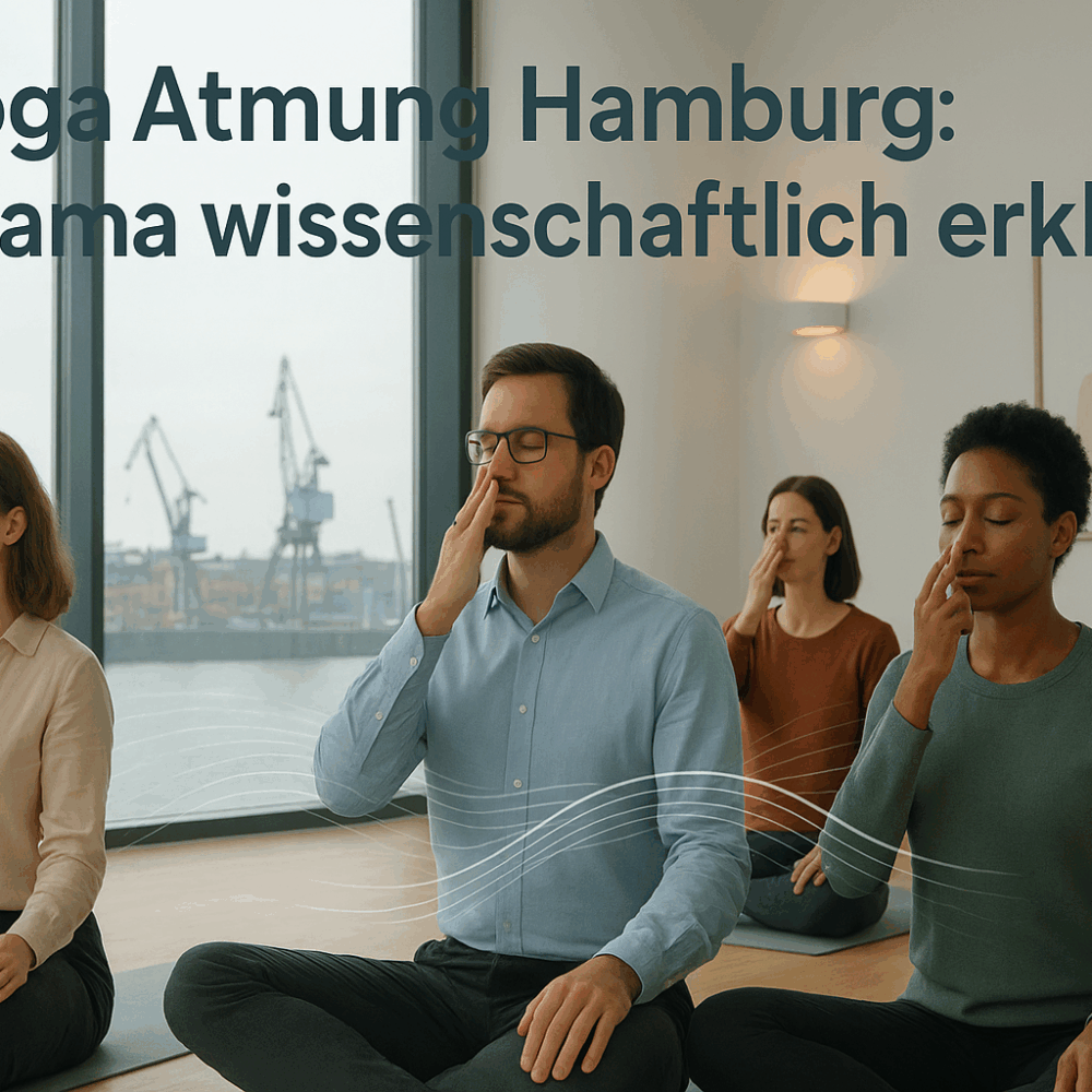Yoga Atmung Hamburg - Diverse Gruppe praktiziert Pranayama-Atemtechniken in modernem Hamburger Studio mit wissenschaftlichem Ansatz, maritime Stadtansicht im Hintergrund