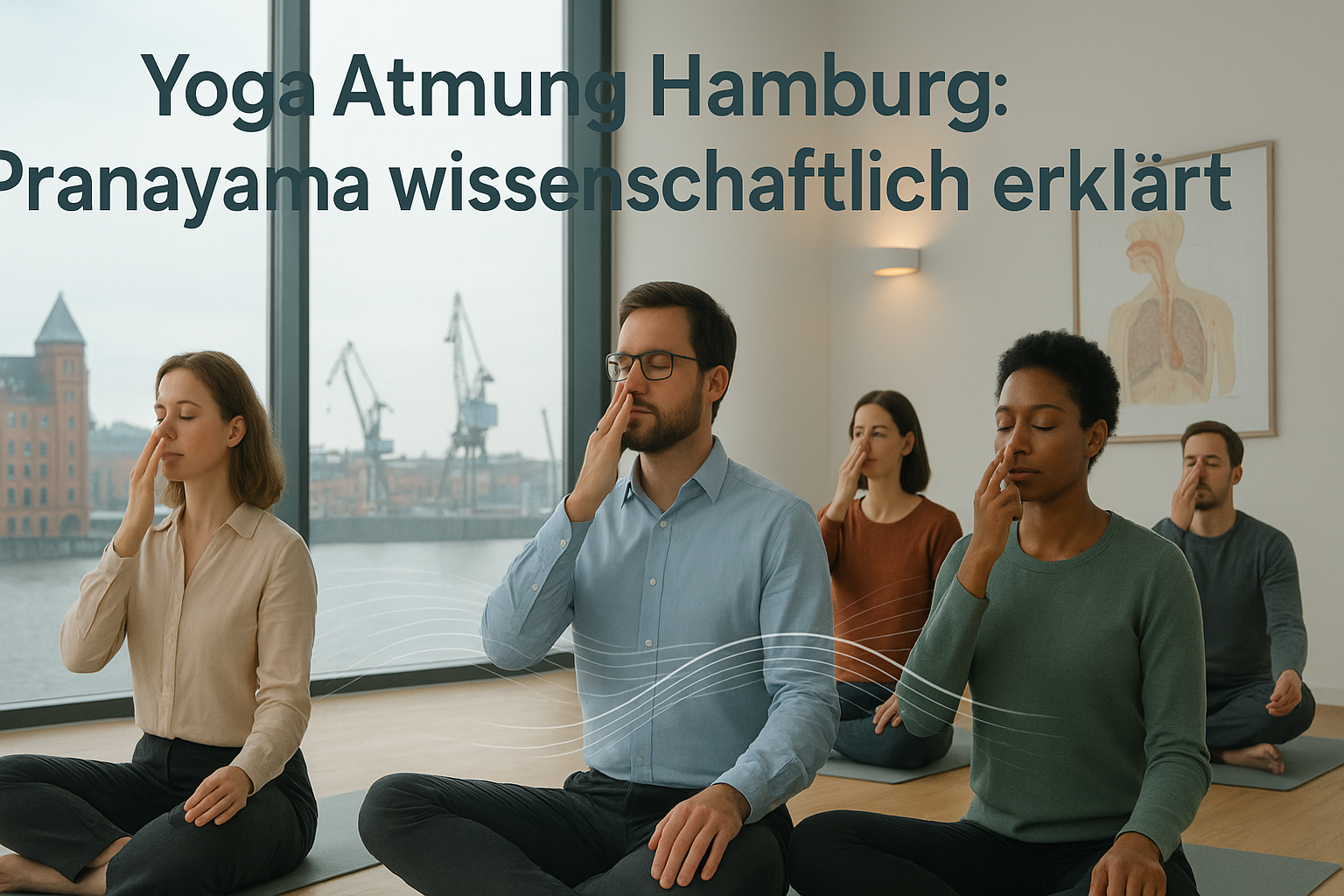 Yoga Atmung Hamburg - Diverse Gruppe praktiziert Pranayama-Atemtechniken in modernem Hamburger Studio mit wissenschaftlichem Ansatz, maritime Stadtansicht im Hintergrund