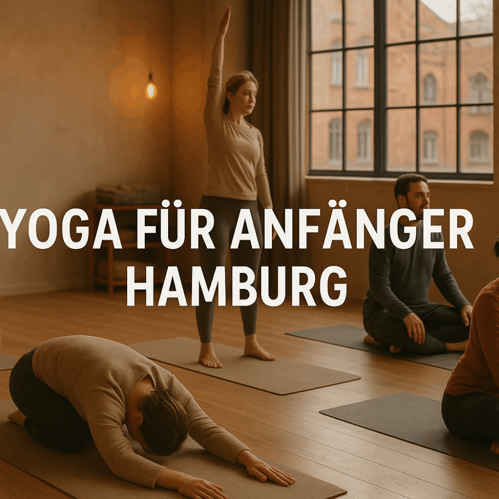 Yoga für Anfänger Hamburg - Diverse Gruppe praktiziert einfache Yoga-Übungen in gemütlichem Hamburger Studio mit Backsteinarchitektur im Hintergrund