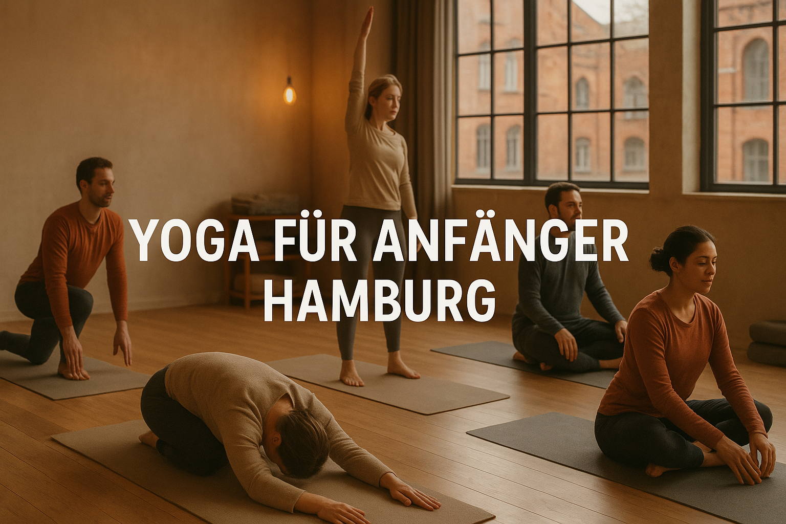 Yoga für Anfänger Hamburg - Diverse Gruppe praktiziert einfache Yoga-Übungen in gemütlichem Hamburger Studio mit Backsteinarchitektur im Hintergrund