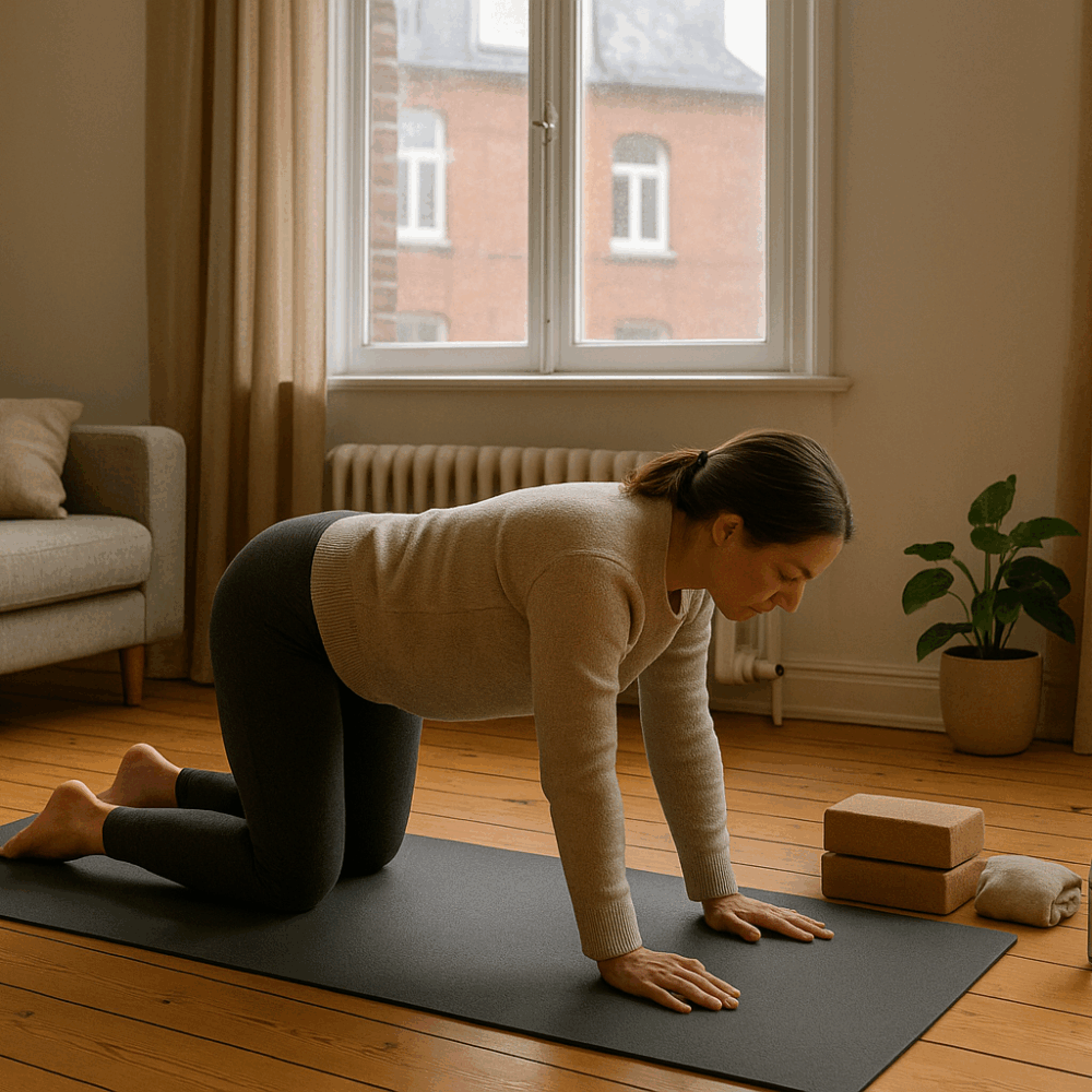 Person praktiziert Yoga-Übungen für Anfänger auf Yogamatte in Hamburg-Altbauwohnung mit Yoga-Equipment und gemütlicher Atmosphäre
