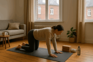 Person praktiziert Yoga-Übungen für Anfänger auf Yogamatte in Hamburg-Altbauwohnung mit Yoga-Equipment und gemütlicher Atmosphäre