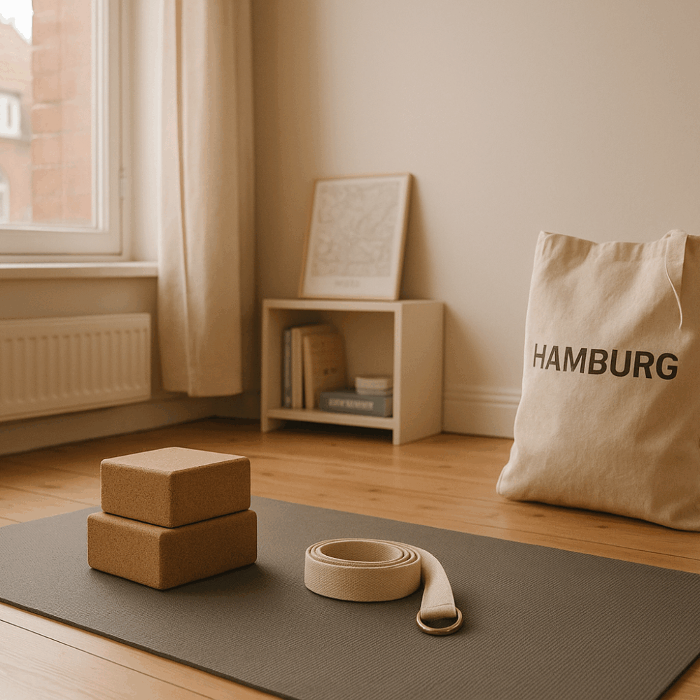 Yoga Equipment Hamburg - Minimalistisches Setup mit Yogamatte, Blöcken und Gurt in typischer Hamburg-Altbau-Wohnung mit Backsteinarchitektur-Blick