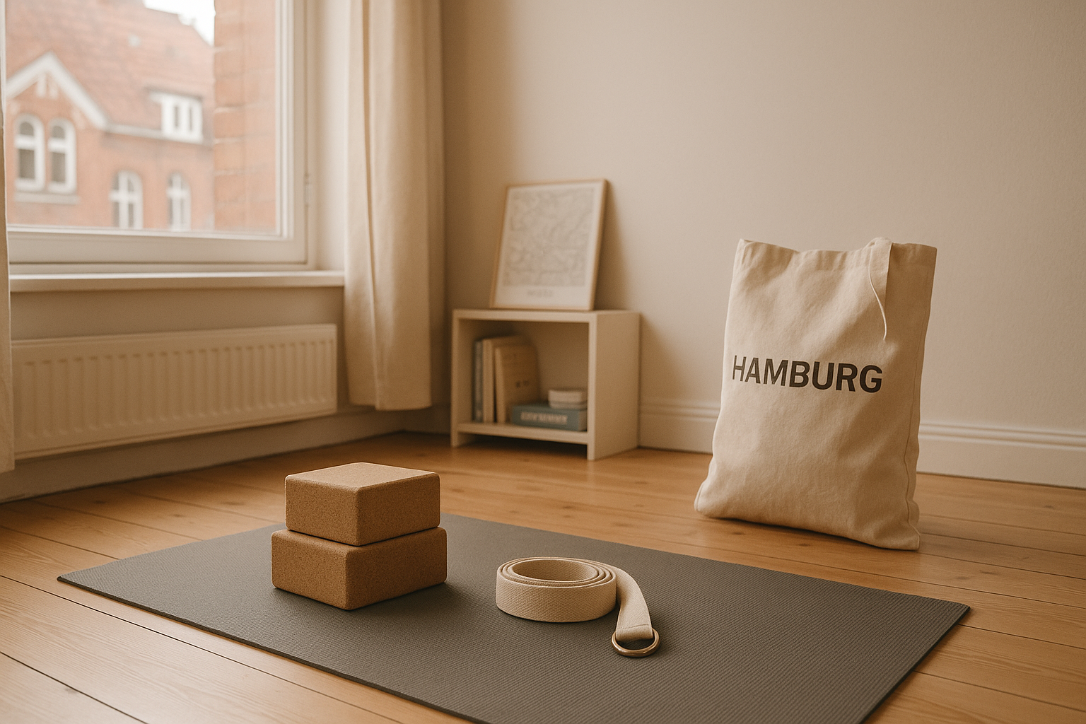Yoga Equipment Hamburg - Minimalistisches Setup mit Yogamatte, Blöcken und Gurt in typischer Hamburg-Altbau-Wohnung mit Backsteinarchitektur-Blick