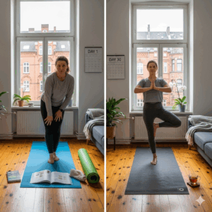 30 Tage Yoga Challenge Hamburg - Progression vom Anfänger zum selbstbewussten Praktizierenden in gemütlicher Hamburg Wohnung mit Backsteinarchitektur