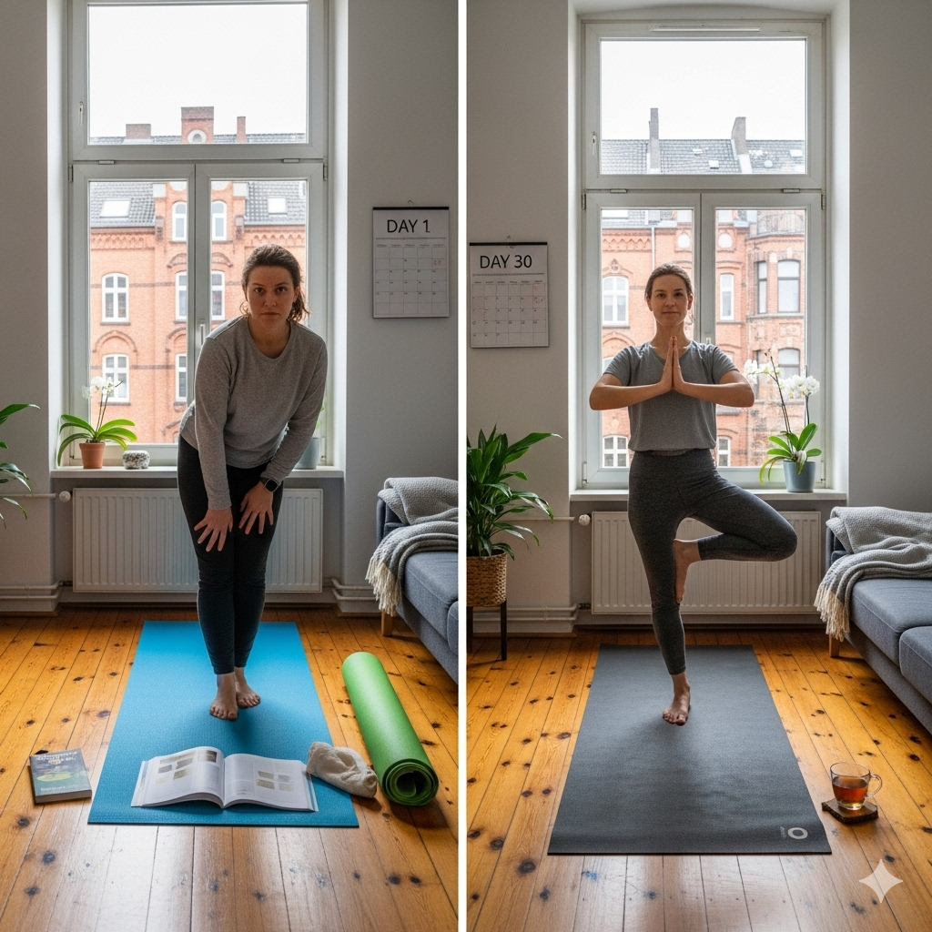 30 Tage Yoga Challenge Hamburg - Progression vom Anfänger zum selbstbewussten Praktizierenden in gemütlicher Hamburg Wohnung mit Backsteinarchitektur