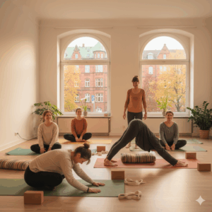 Yoga Eimsbüttel Hamburg - Diverse Anfängergruppe praktiziert einfache Yoga-Übungen in gemütlichem Studio mit Blick auf typische Hamburger Gründerzeit-Architektur