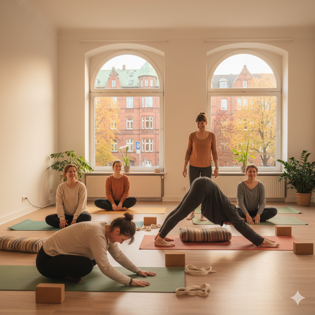 Yoga Eimsbüttel Hamburg - Diverse Anfängergruppe praktiziert einfache Yoga-Übungen in gemütlichem Studio mit Blick auf typische Hamburger Gründerzeit-Architektur