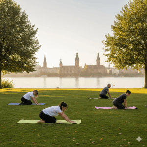Outdoor Yoga Hamburg Alster - Gruppe praktiziert Yoga auf Alsterwiese Schwanenwik mit Blick auf Hamburger Alster und Skyline bei warmem Morgenlicht