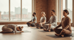 Yoga und Meditation für Anfänger Hamburg - Diverse Gruppe praktiziert Yoga und Meditation in gemütlichem Hamburger Studio mit Backsteinarchitektur