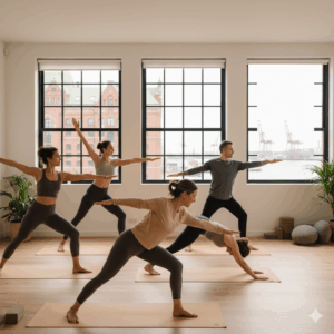 Diverse Yoga-Anfänger-Gruppe praktiziert in modernem Yogastudio in Hamburg-Altona mit Blick auf Backsteinarchitektur und Hafen durch große Fenster