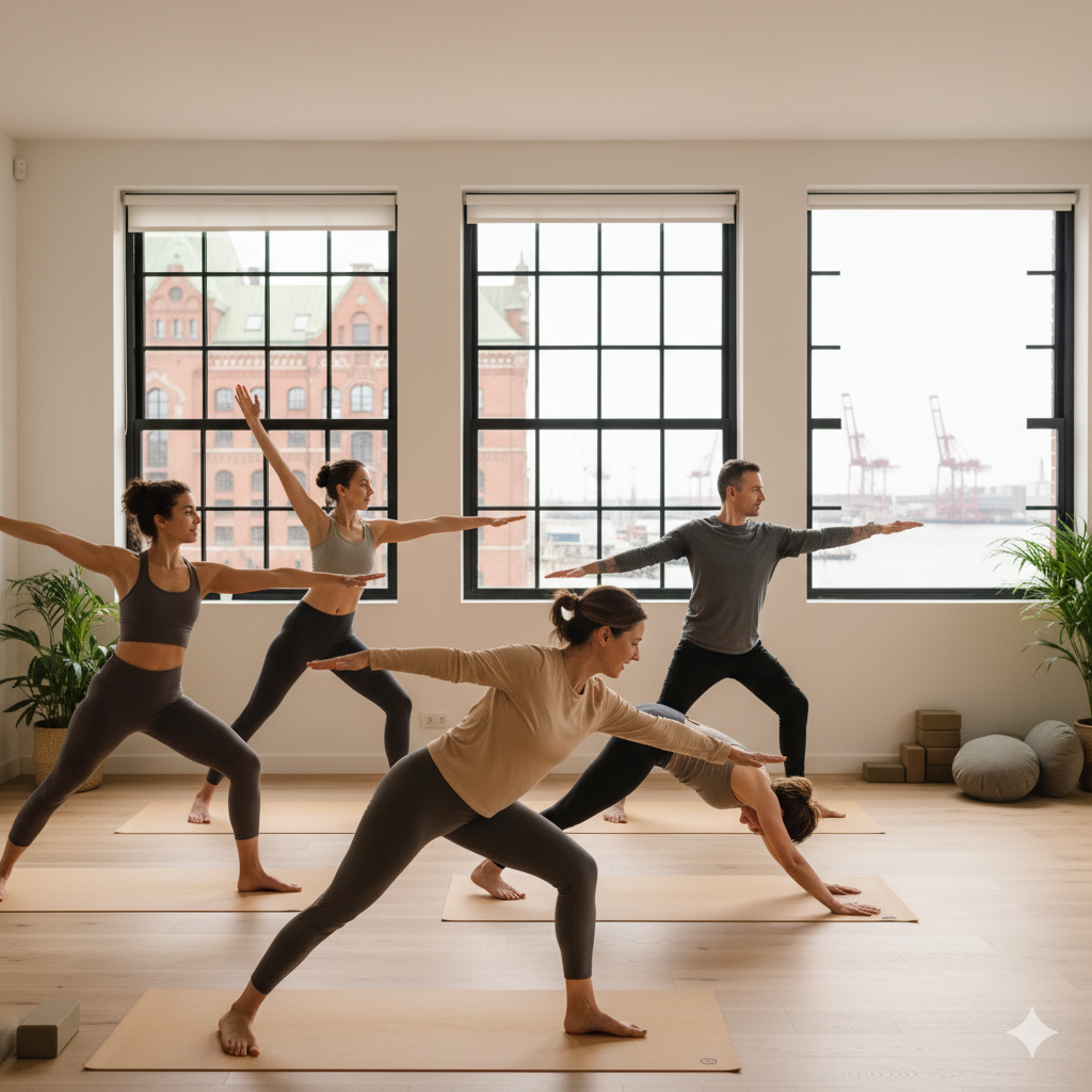 Diverse Yoga-Anfänger-Gruppe praktiziert in modernem Yogastudio in Hamburg-Altona mit Blick auf Backsteinarchitektur und Hafen durch große Fenster