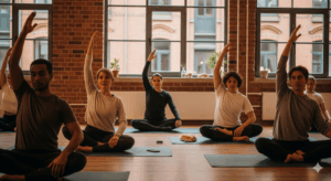 Diverse Yoga-Gruppe mit Männern und Frauen verschiedener Altersgruppen praktiziert in authentischem Hamburg Yogastudio - Yoga Mythen widerlegt durch echte Menschen in entspannter Atmosphäre