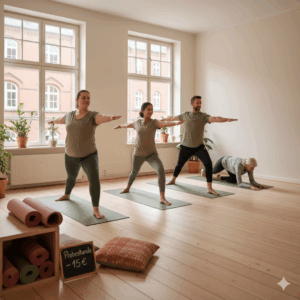 Yoga Hamburg Preise - Diverse Gruppe praktiziert in günstigem Hamburger Yogastudio mit Backsteinarchitektur im Hintergrund und Probestunden-Angebot